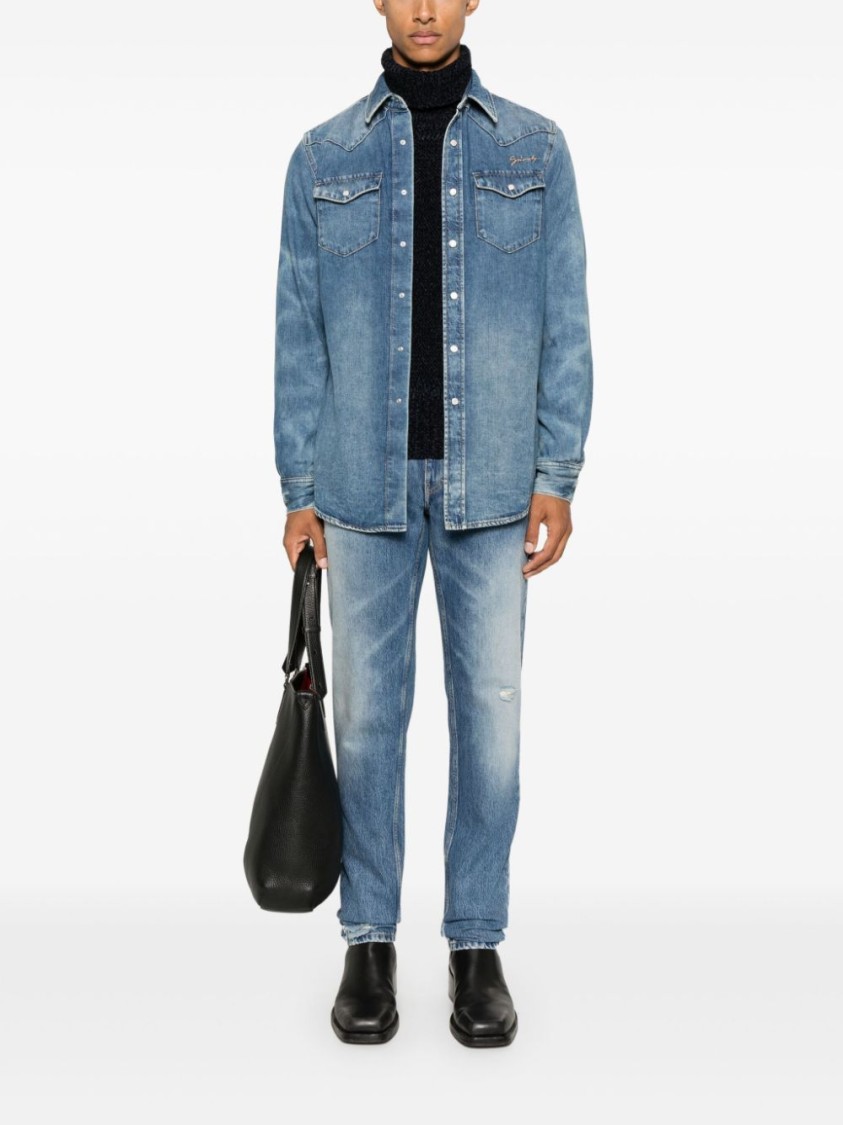 Givenchy Washed Denim Tapered Leg Jeans With Contrast Stitching In Blue