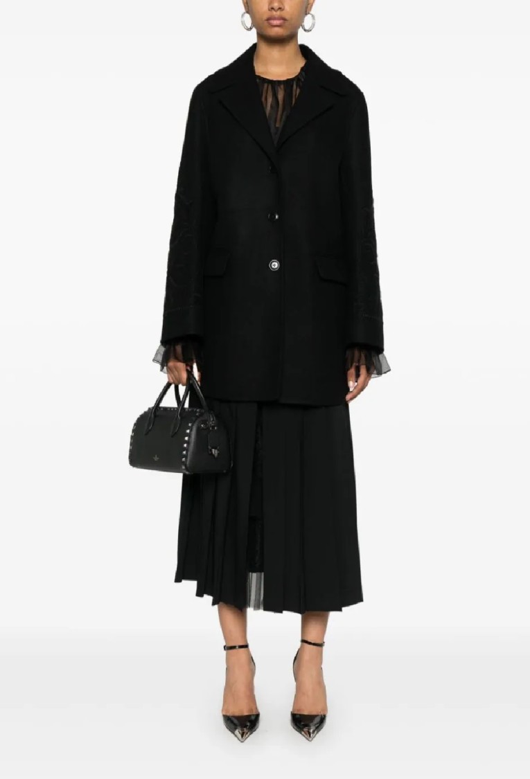 Ermanno Scervino Single-breasted Wool Coat With Elegant Embroidered Sleeves And Versatile Styling Op In Black