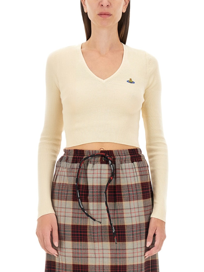 Vivienne Westwood Off-white Bea Cropped V-neck Sweater In White