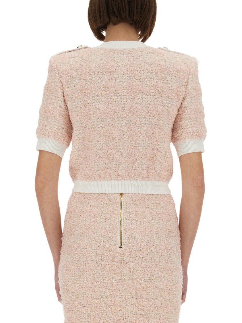 Balmain Cropped Textured Cardigan With Decorative Button Detail In Pink