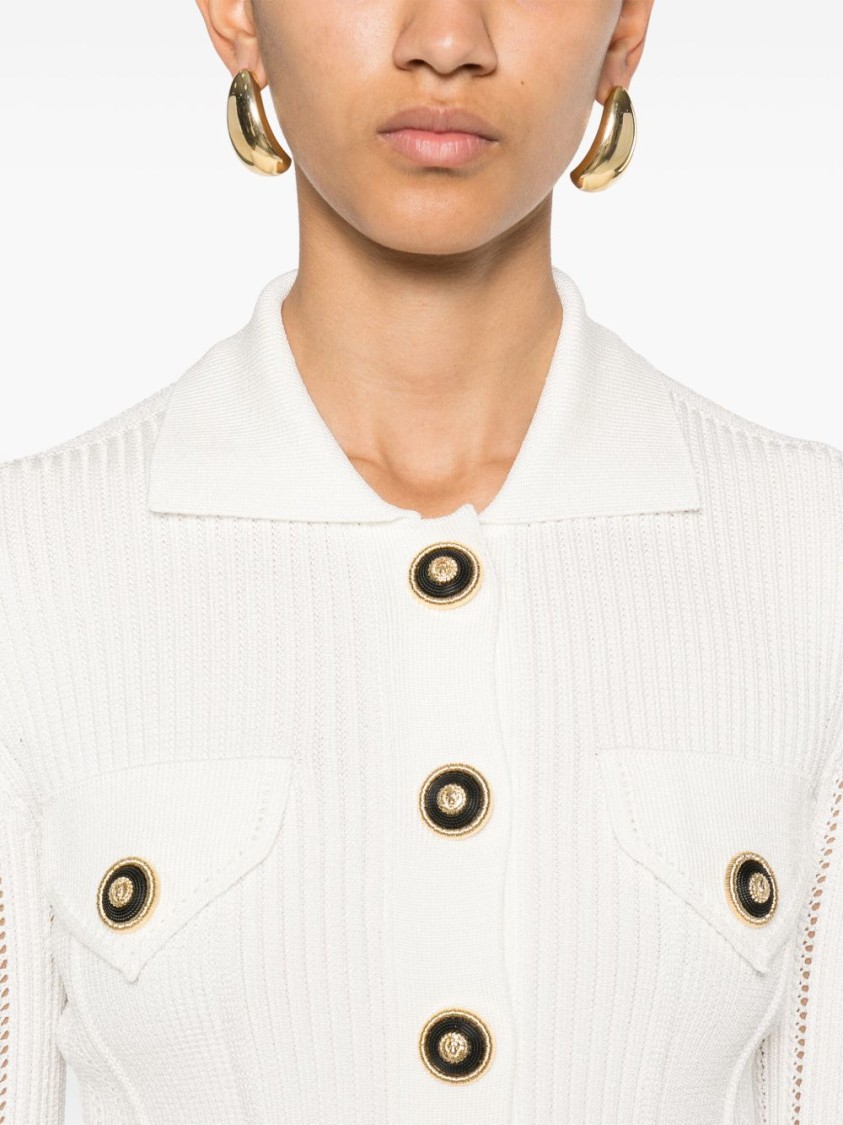 Balmain Perforated Knit Cardigan With Embossed Logo Buttons In Multi
