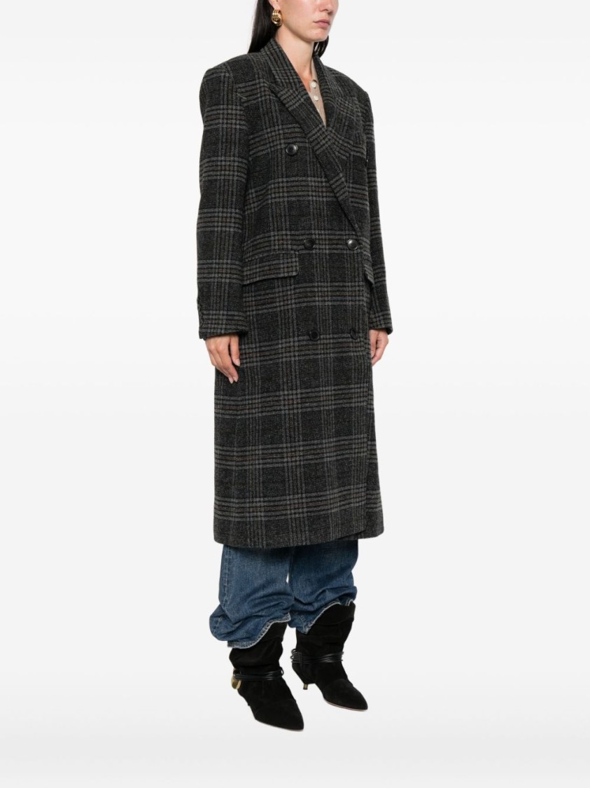Isabel Marant Étoile Double-breasted Grey Plaid Coat With Structured Silhouette In Black