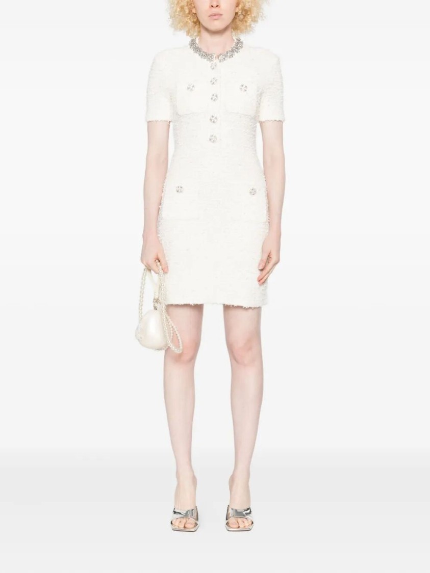 Self-portrait Mini Dress With Knit Tweed Texture And Crystal Accents In White