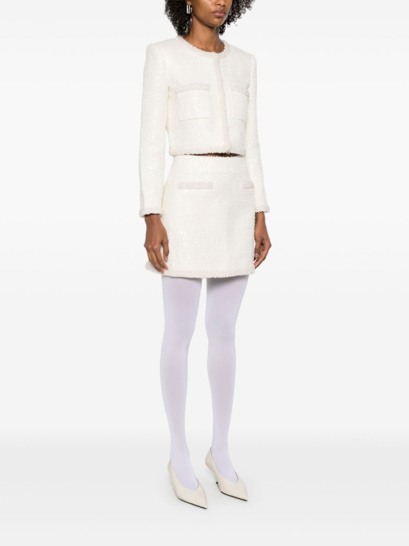 Self-portrait Mini Yellow Skirt With Flounce And Jewel Buttons In Tweed Woman In White