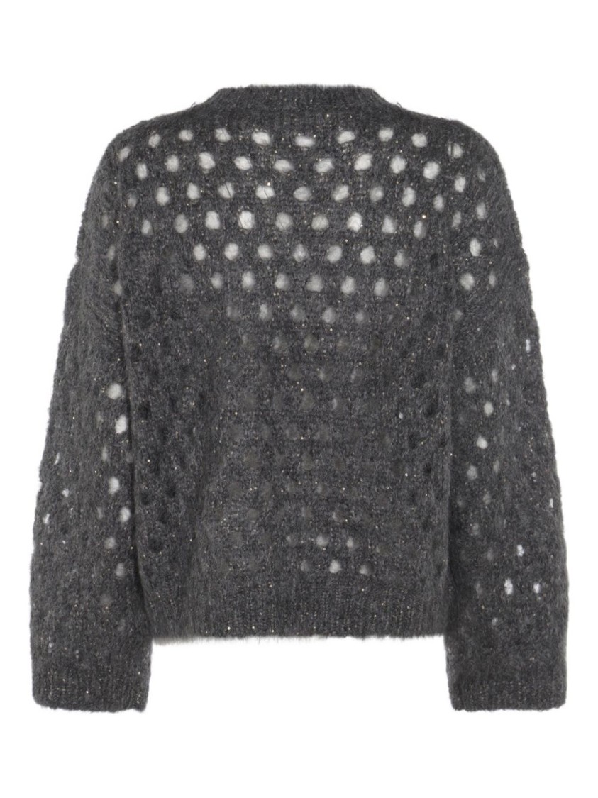 Brunello Cucinelli Open-knit Grey Sweater With Metallic Threads In Gray