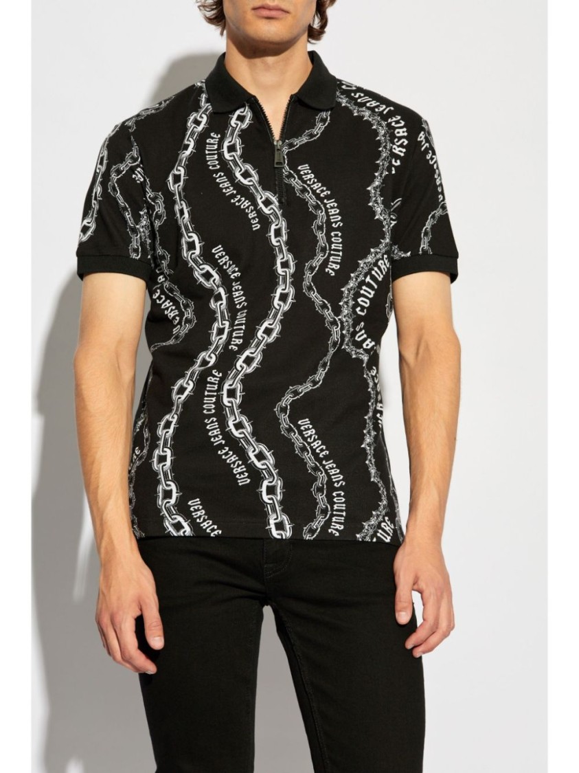 Shop Versace Jeans Couture Black Polo Shirt With Chain Pattern