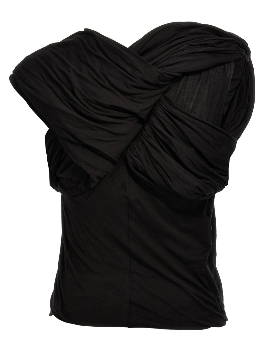 Rick Owens Draped Black Cotton Top With Design In Black