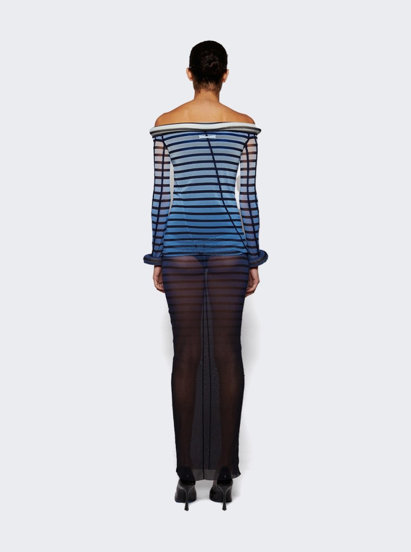 Jean Paul Gaultier Elegant Mesh Boat Neck Long Dress With 3d Collar And Cuff In Multicolor