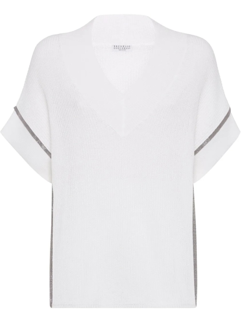 Brunello Cucinelli Textured Ribbed Top With Deep V-neckline In White