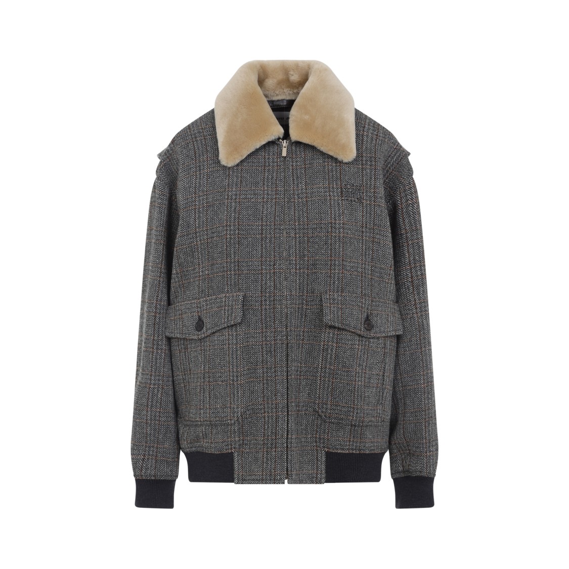 Miu Miu Grey Shearling-collared Jacket With Classic Check Pattern In Gray
