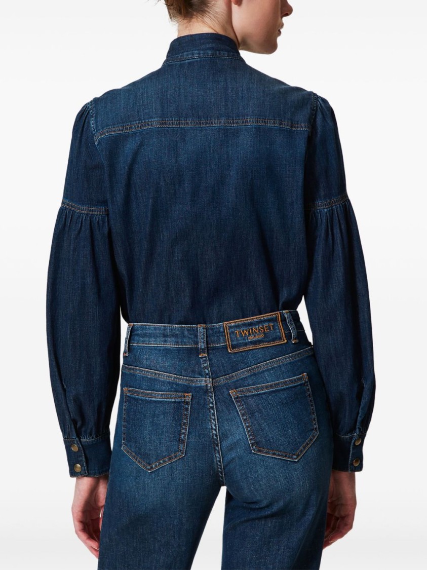 Shop Twinset Twin-set Denim Shirt With Bow Tie Detail In Blue