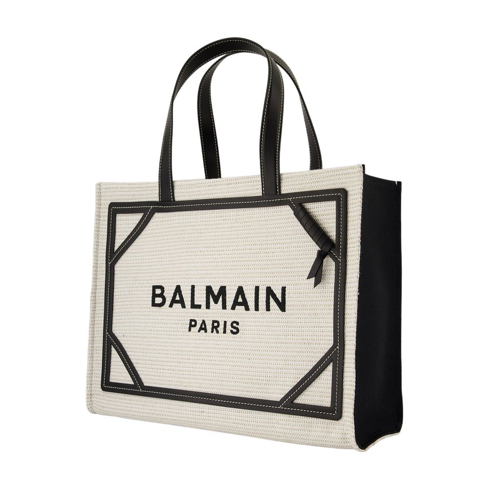 Balmain B-army Medium Shopper Tote Bag In Raffia And Leather
