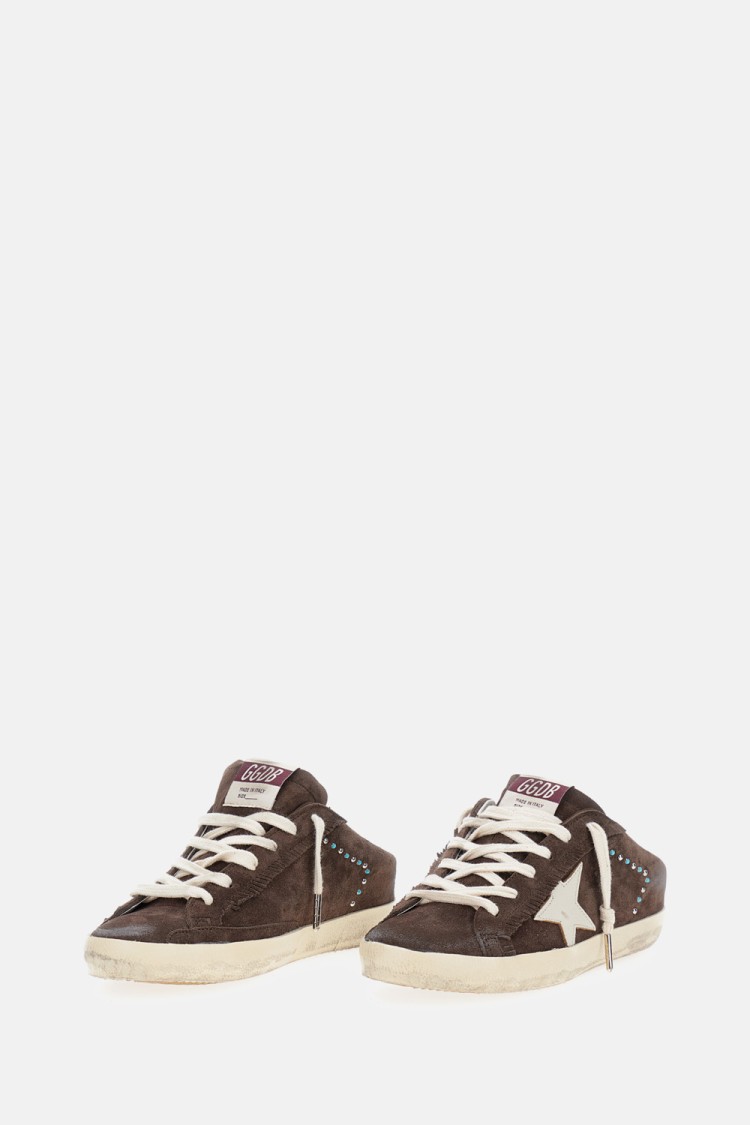 Golden Goose Super-star Sabot Distressed Leather-trimmed Studded Suede Slip-on Sneakers In Brown