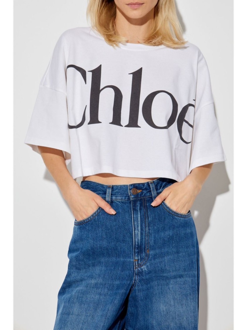 Chloé Women Cropped Boxy Logo T-shirt In Gray