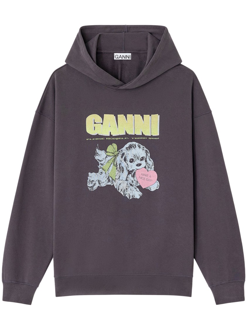 Ganni Isoli Oversized Hoodie With Graphic Puppy Print In Gray