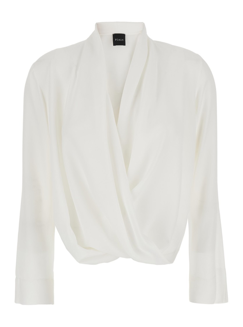 Plain White Blouse With Front Neckline And Ruffles In Fabric Woman In White