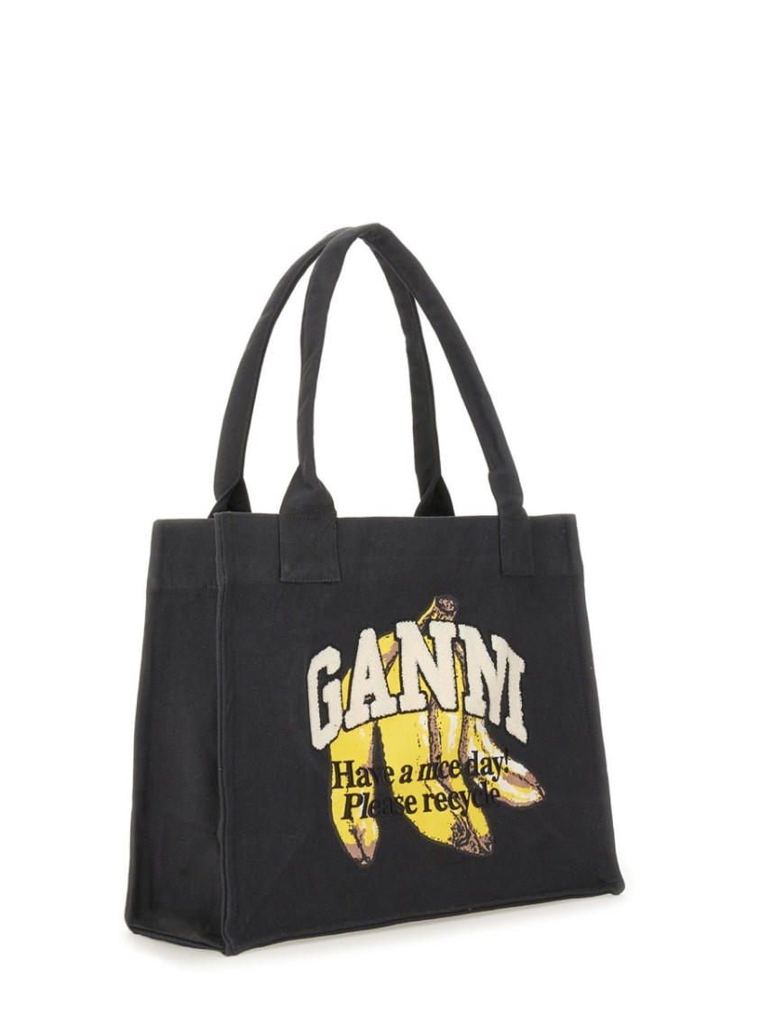 Ganni Banana Print Large Tote Bag With Structured Shape In Black