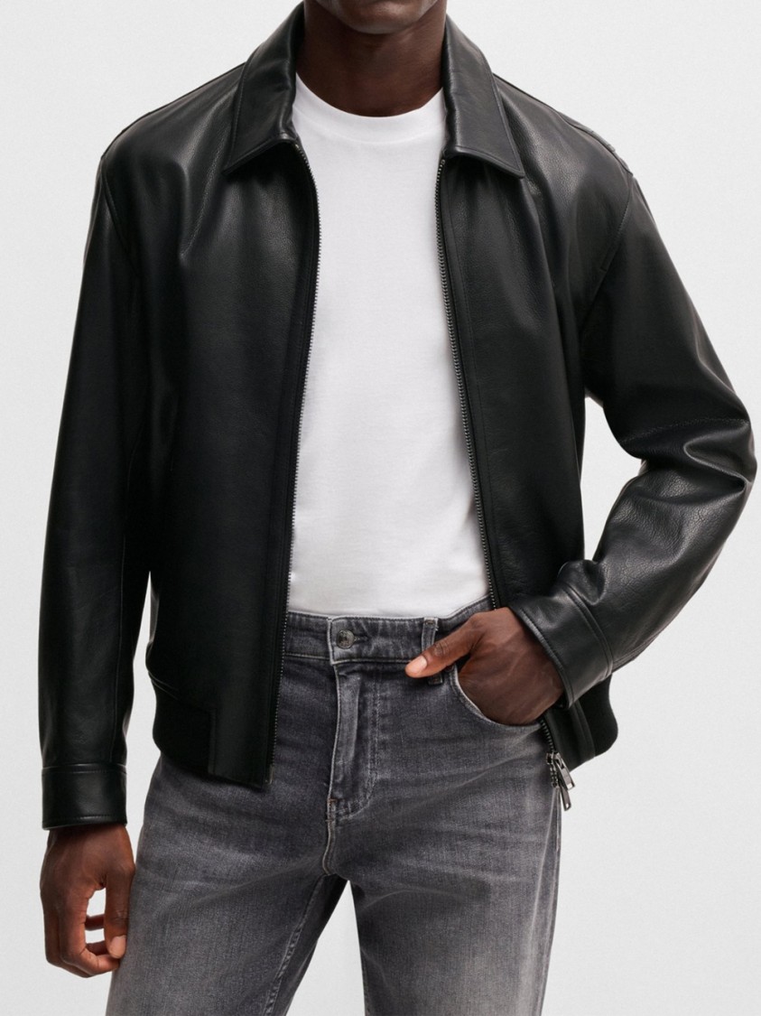 Hugo Boss Structured Black Leather Bomber Jacket With Ribbed Cuffs
