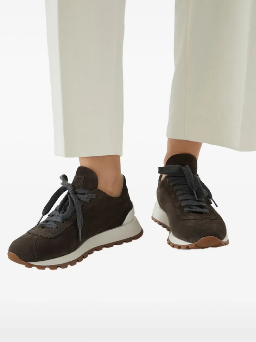 Brunello Cucinelli Brown Low Top Sneakers With Monil Detail On The Side And Embossed Logo Lettering On The Rear In Leat In Brown