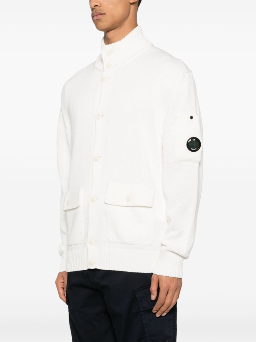 C.p. Company White Cardigan With High Neck And Lens Motif Applied On The Sleeve In Cotton Man