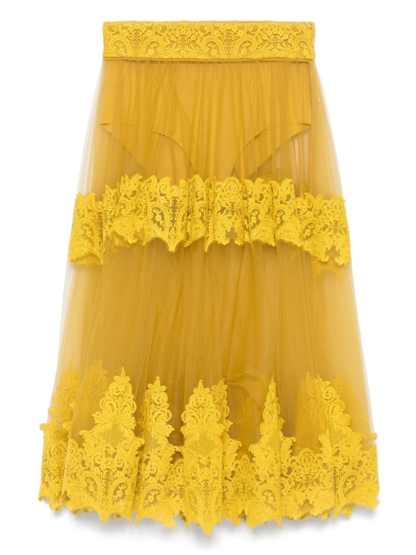 Elisabetta Franchi Ochre Yellow Midi Skirt With Lace Panels