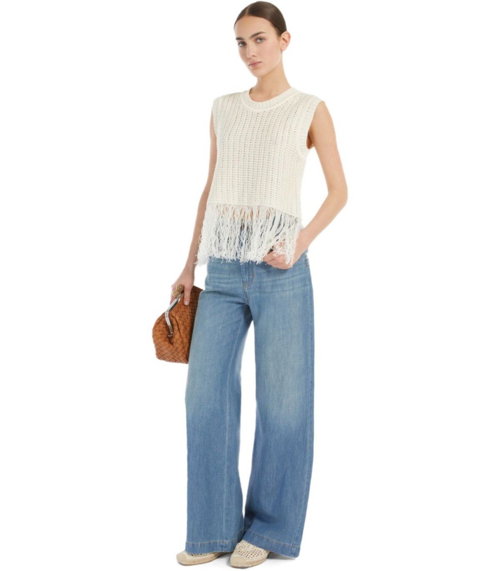 Max Mara Navetta White Fringed Top In Neutral
