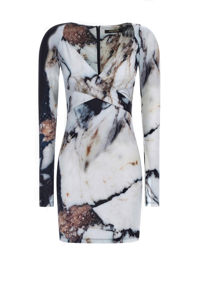 Roberto Cavalli Printed Abstract Fitted Mini V-neck Dress In Multicolor