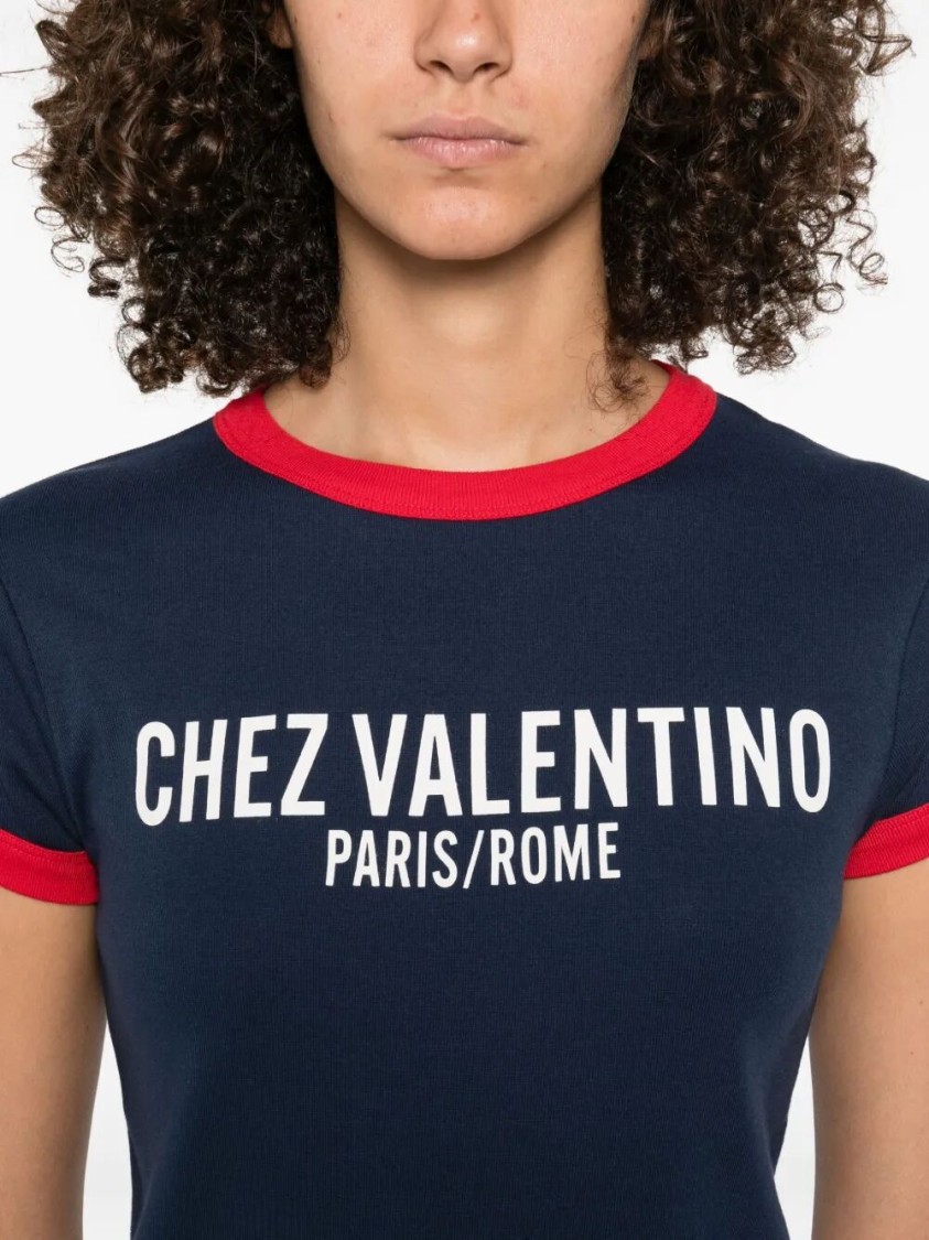 Valentino Fitted T-shirt With Contrasting Red Trimlettering In Blue