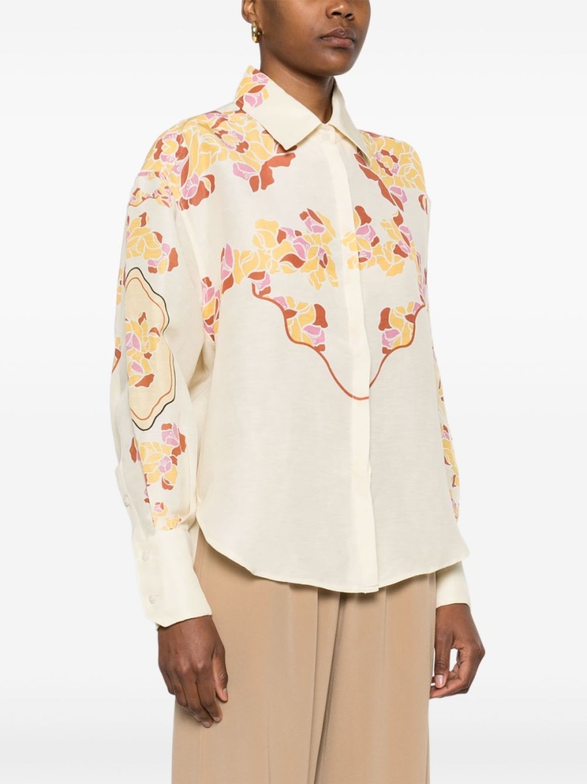 Shop Raquel Diniz Relaxed Ivory Linen Shirt With Floral Print In Neutrals