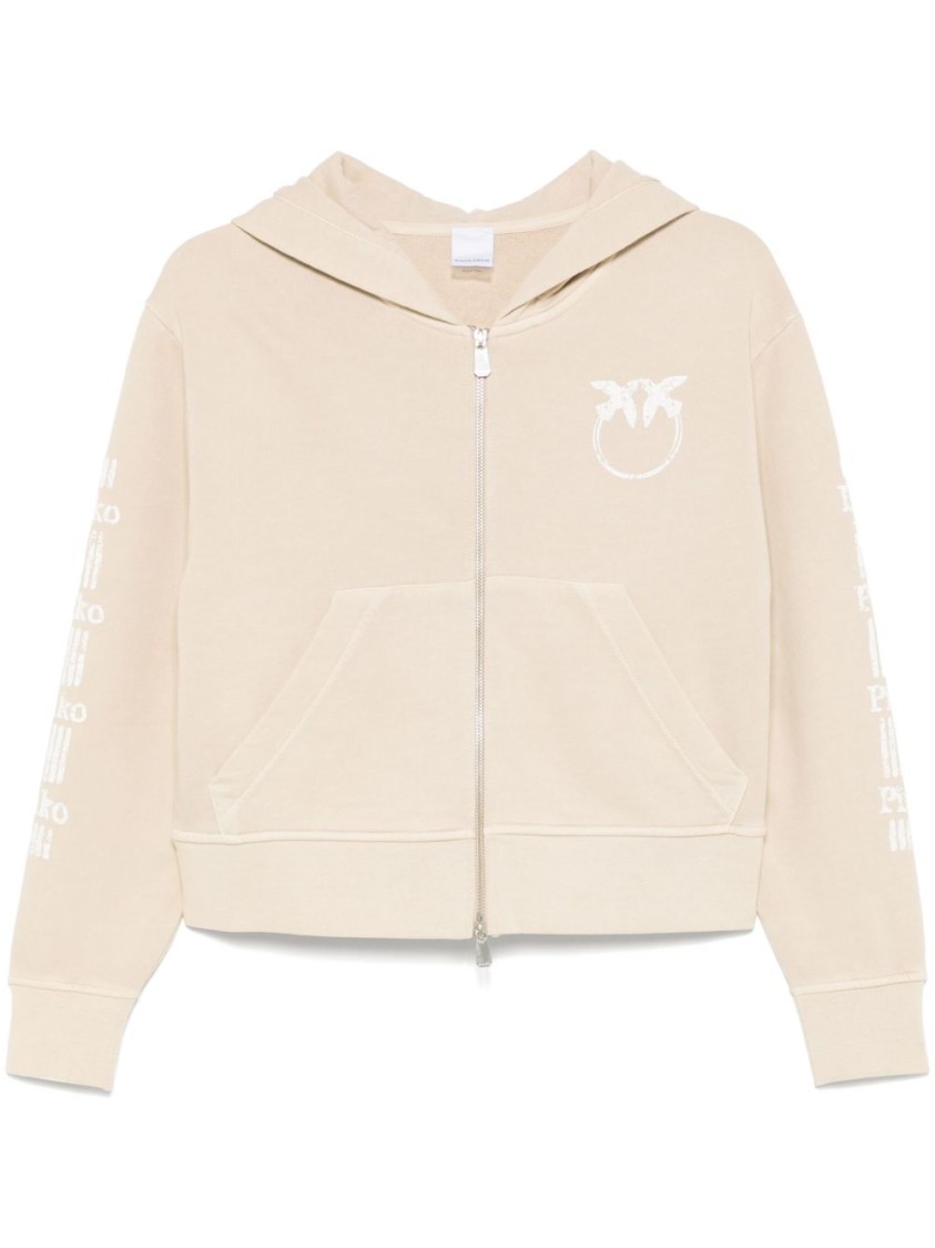 Shop Pinko Cropped Beige Sweatshirt With Printed Branding In Neutrals
