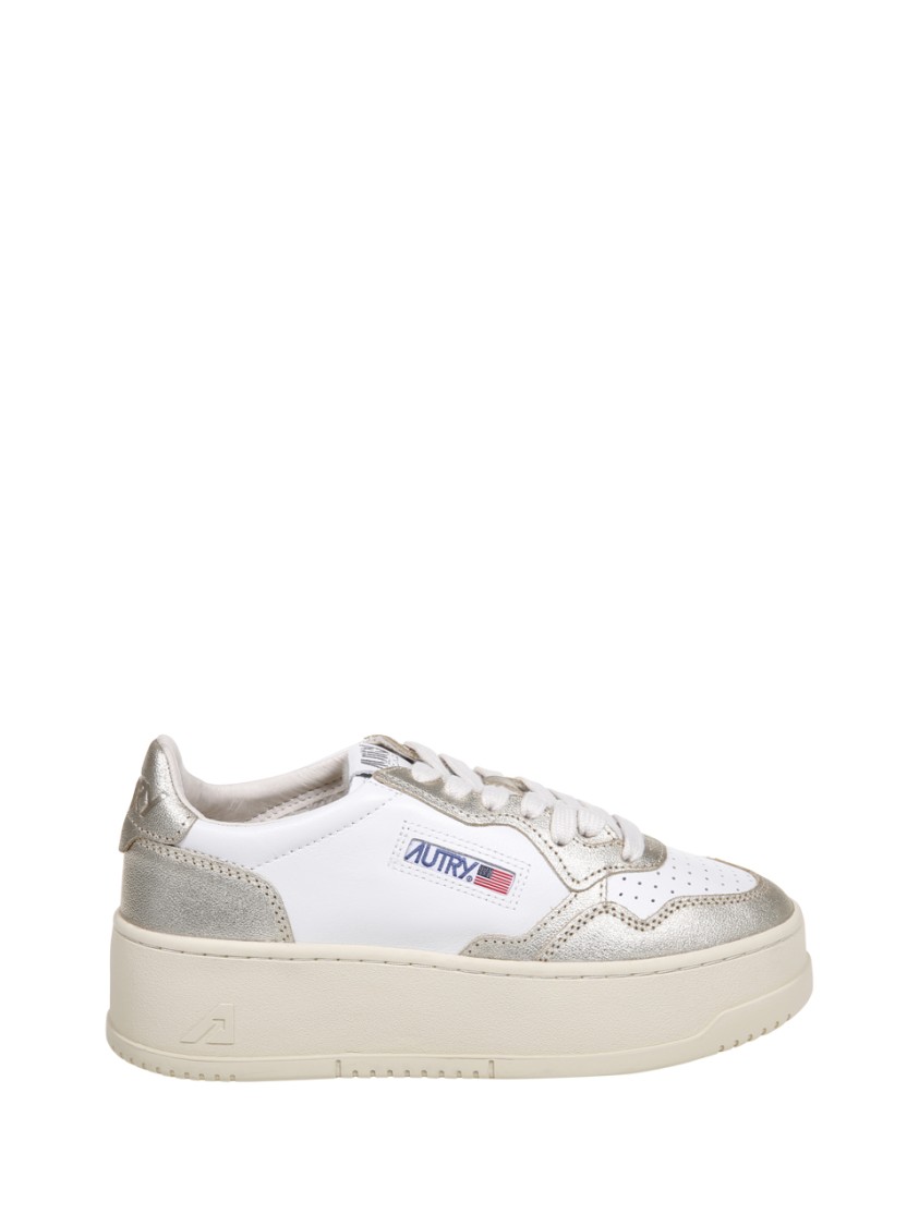 Autry Sneakers Platform Low In Pelle Bianca E Argento In Multi
