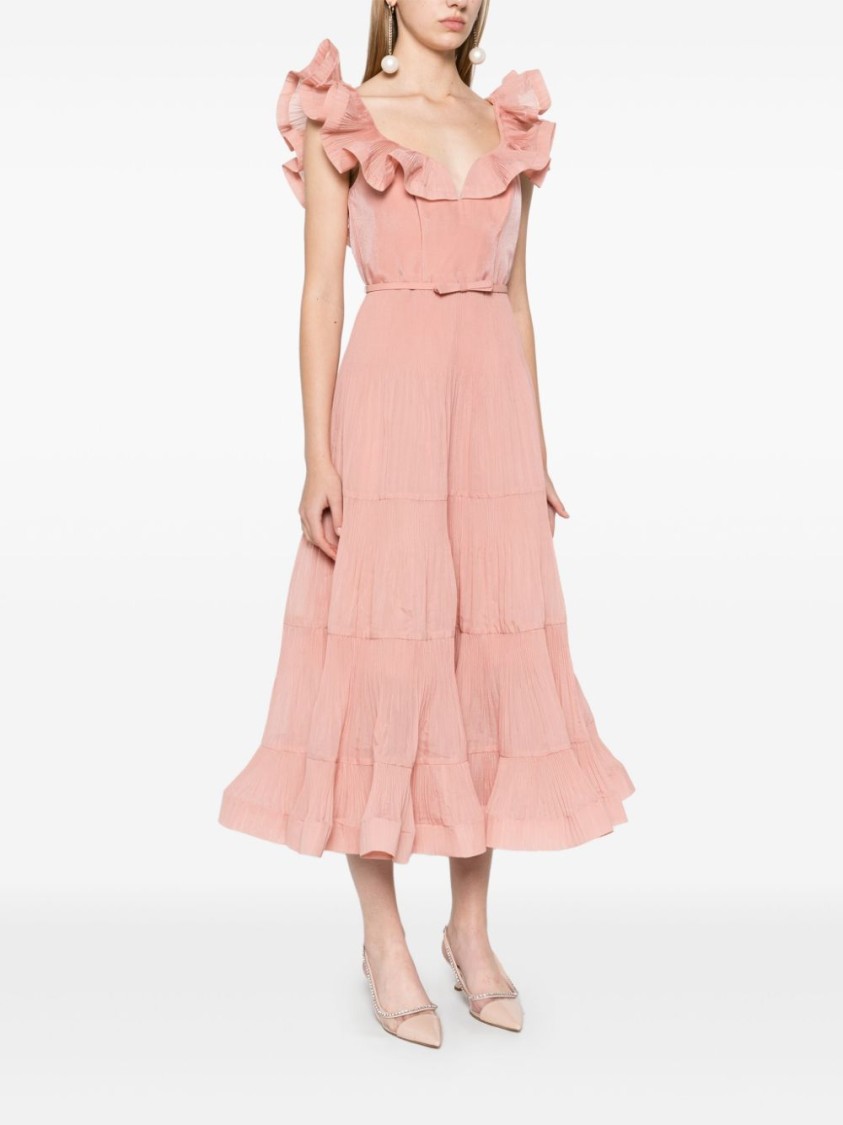 Shop Zimmermann Coral Pink Midi Dress With Pleated Skirt