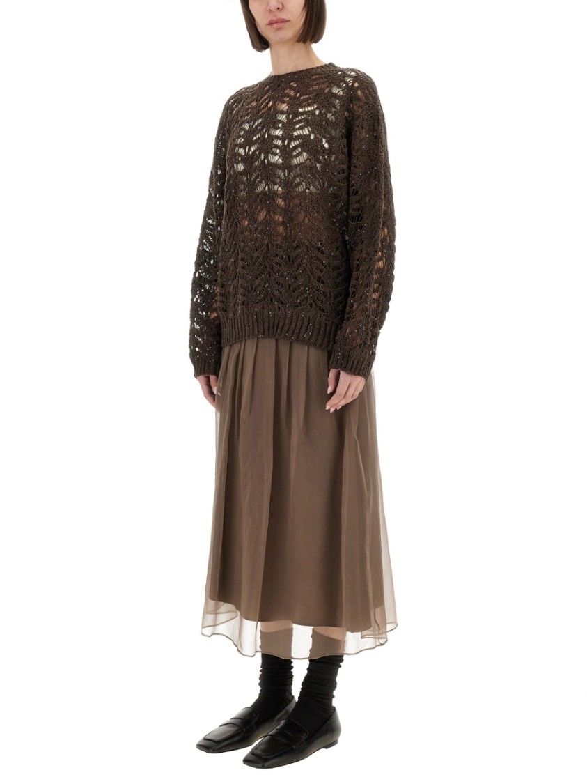 Brunello Cucinelli Foliage Lace Linen And Silk Diamond Knit In Black