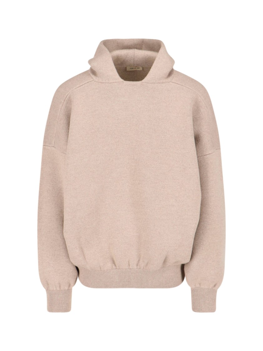 Shop Fear Of God Knitted Hoodie In Beige Wool Engraved Logo Tag