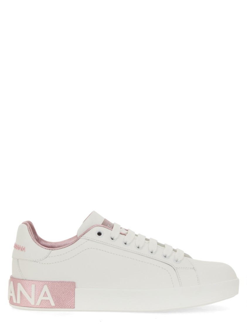 Dolce & Gabbana Portofino White And Pink Low Top Sneakers With Logo In Leather Woman In White
