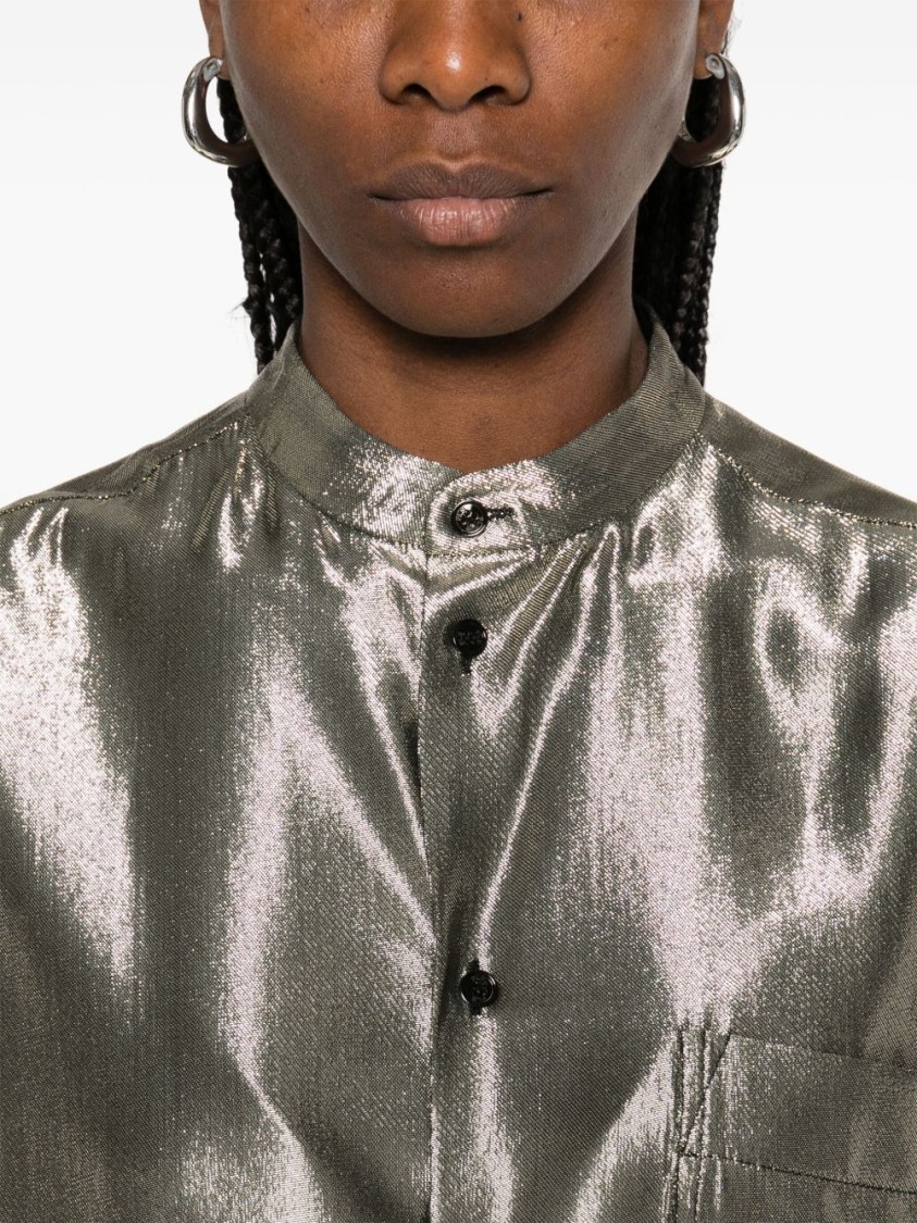Shop Philosophy Di Lorenzo Serafini Silk-blend Green Shirt With Stand Collar