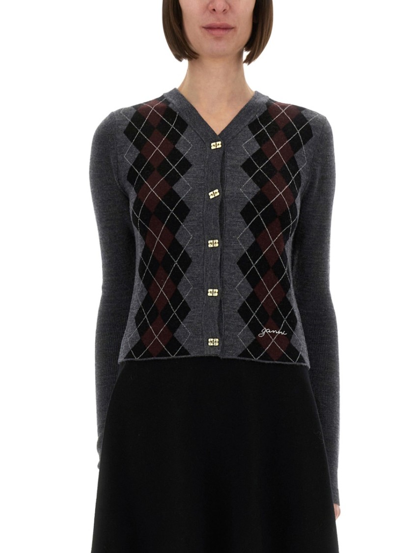 Ganni Grey Sweater With Classic Collar And Check Motif On The Front In Wool Woman In Gray