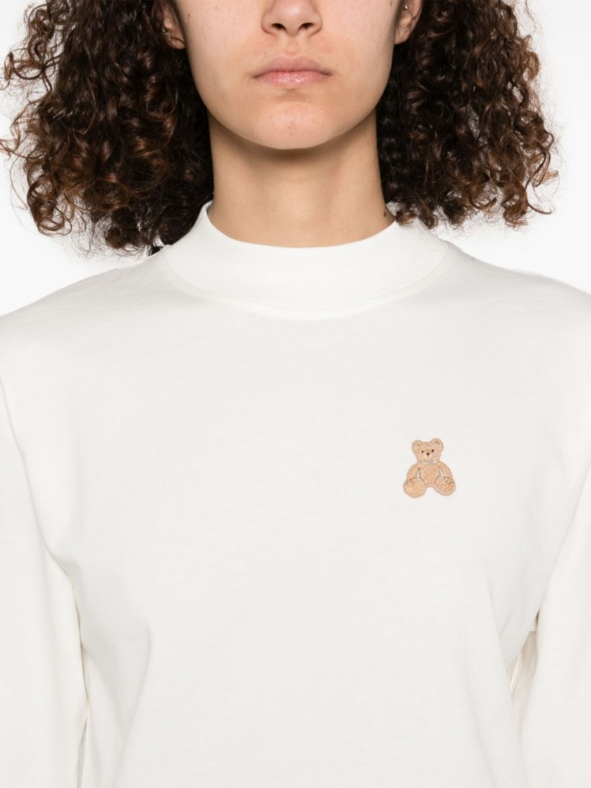 Shop Palm Angels White T-shirt With Cropped Fit And Embroidered Bear Motif