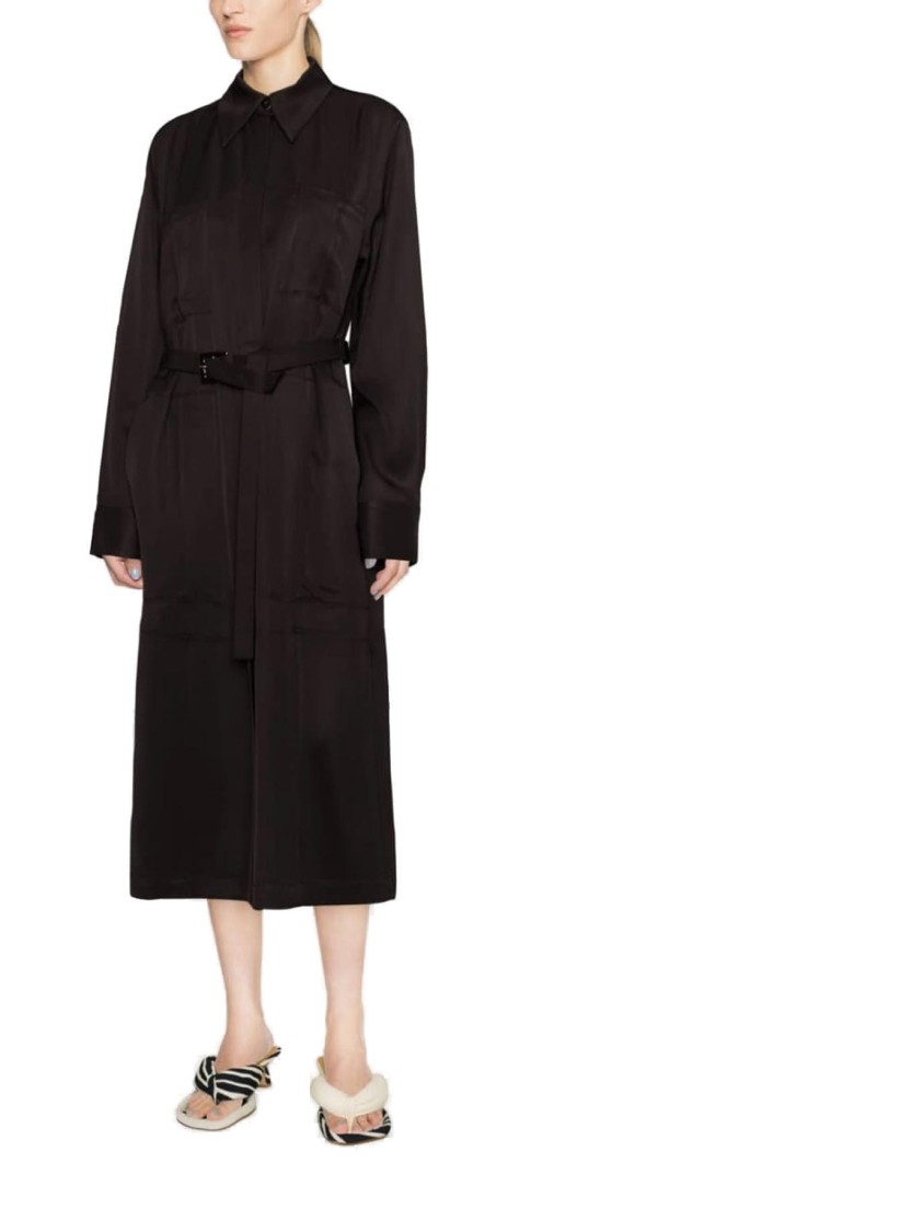 Jil Sander Belted Midi Coat With Silhouette And Draped Finish In Brown
