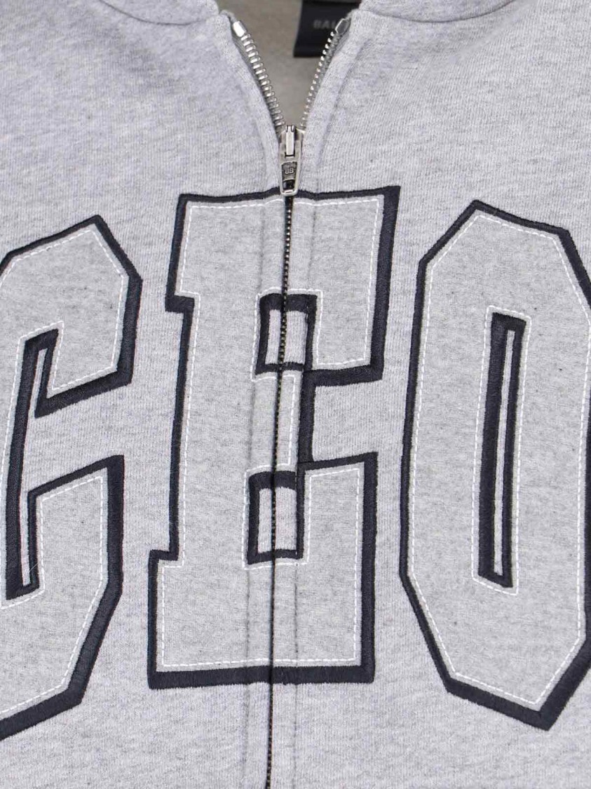 Balenciaga Zip Front Hoodie With Contrast Logo And Ribbed Details In Gray