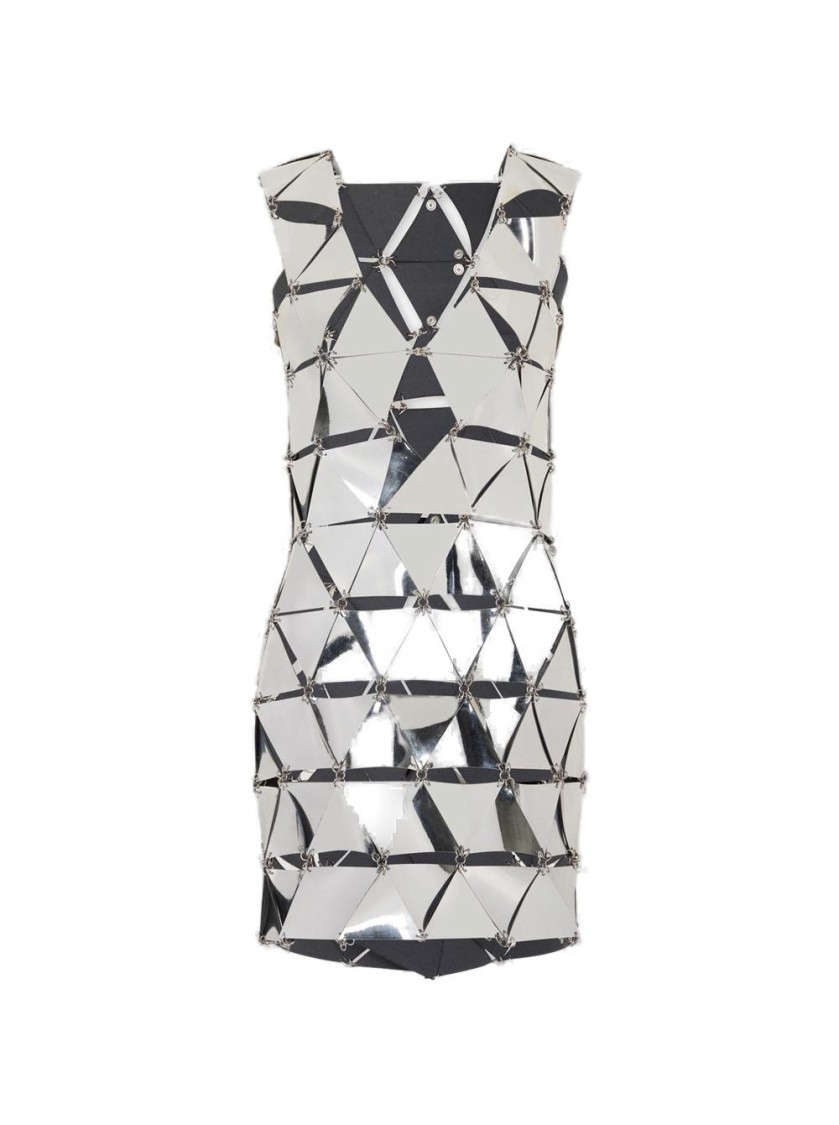 Rabanne Geometric Short Dress With Reflective Panels And Open Back In White