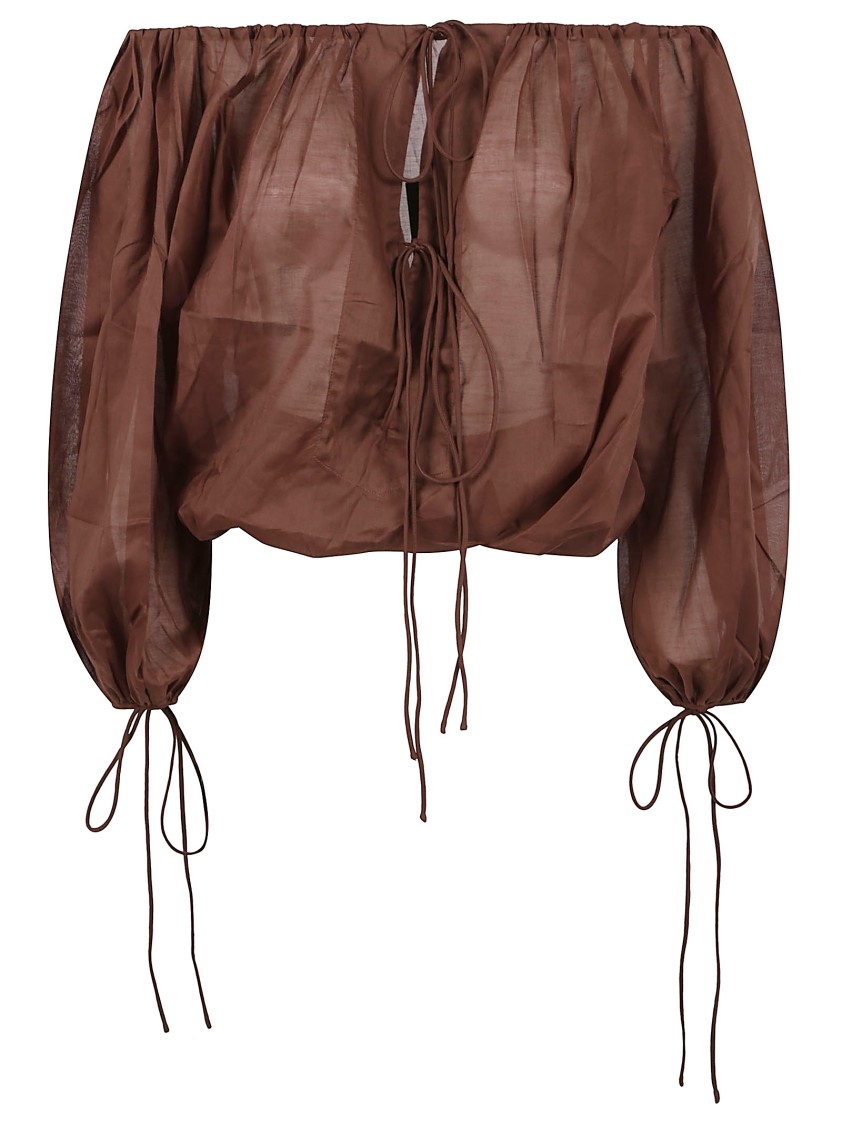 The Andamane Sheer Drawstring Long Sleeve Top In Brown