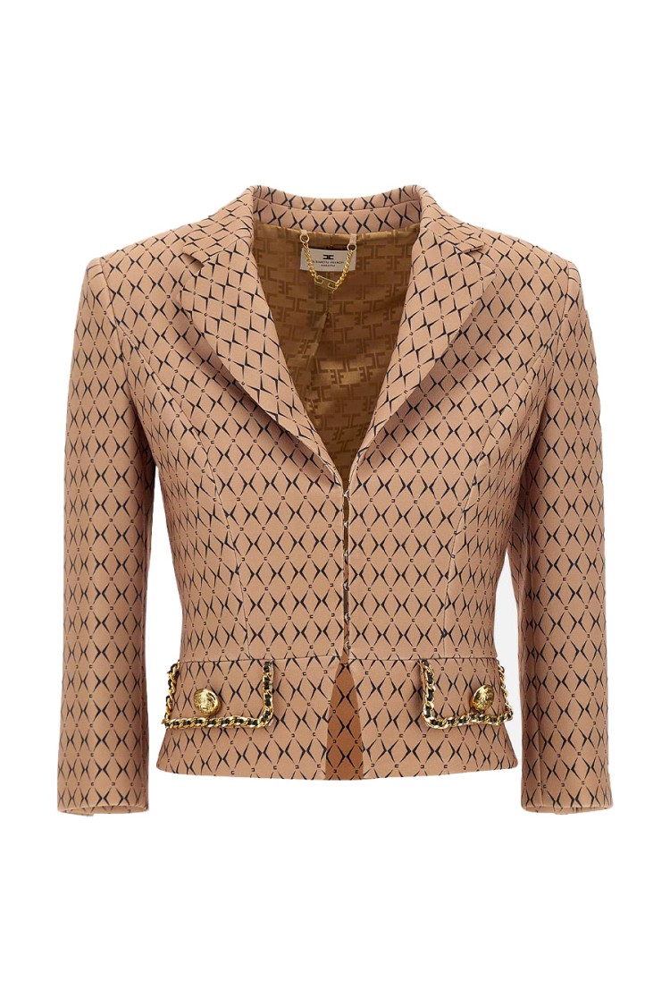 ELISABETTA FRANCHI ELISABETTA FRANCHI CAMEL DIAMOND PATTERN BLAZER WITH CROPPED SILHOUETTE