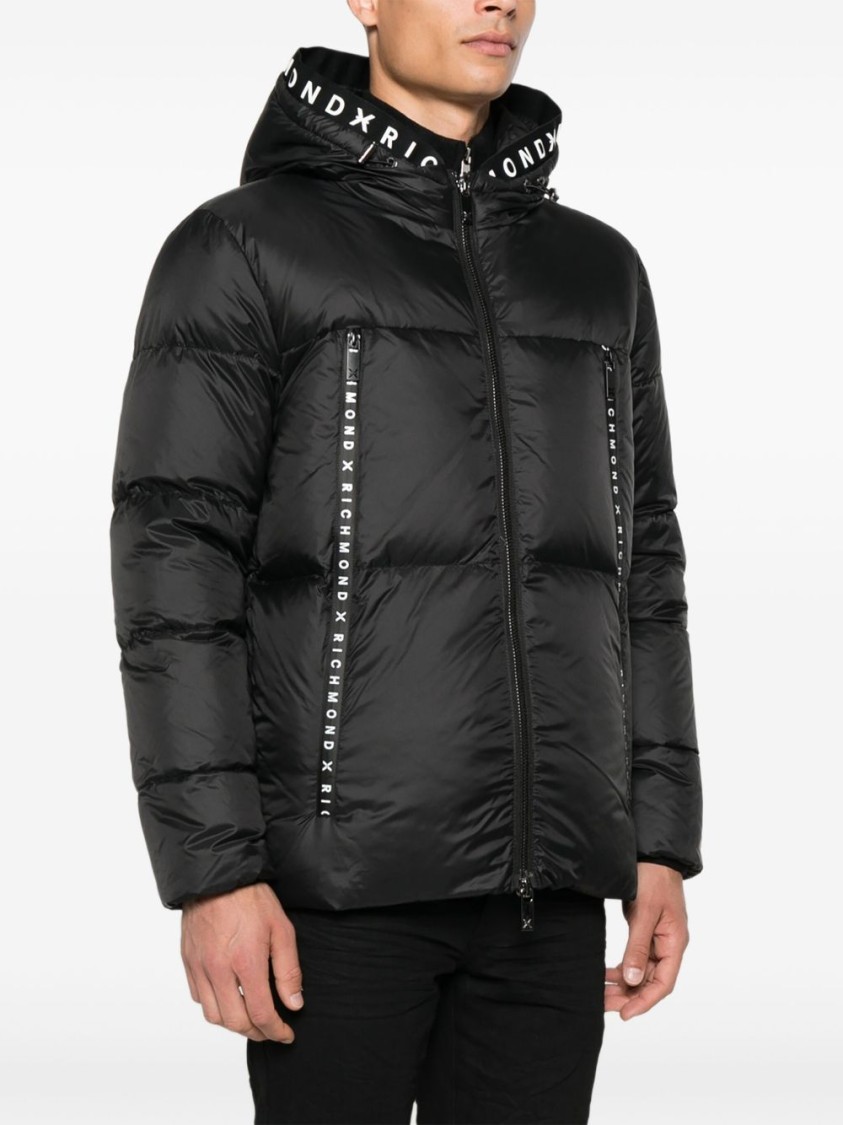 Richmond Puffy Black Jacket With Hood And Zip-up Front In Black