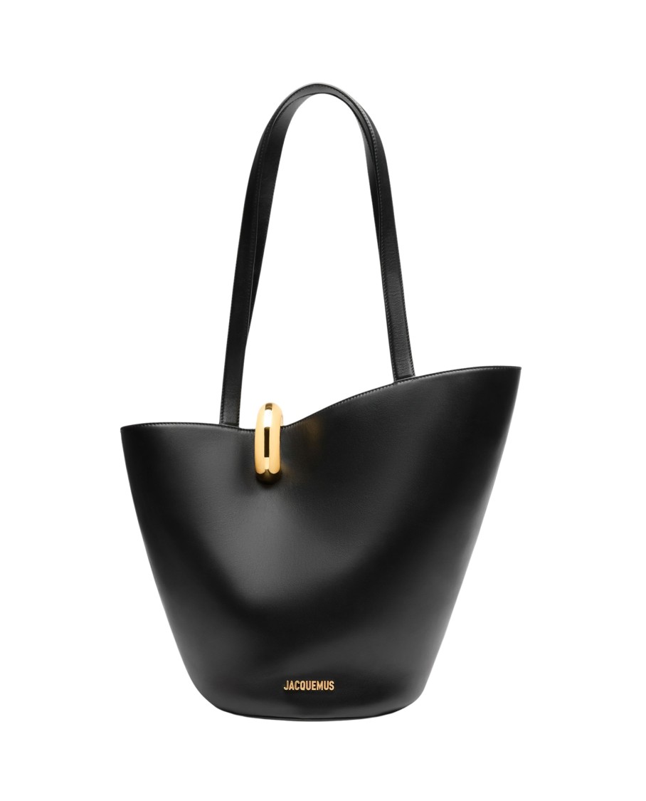 Jacquemus The Medium Bambola Asymmetric Leather Bucket Bag In Black