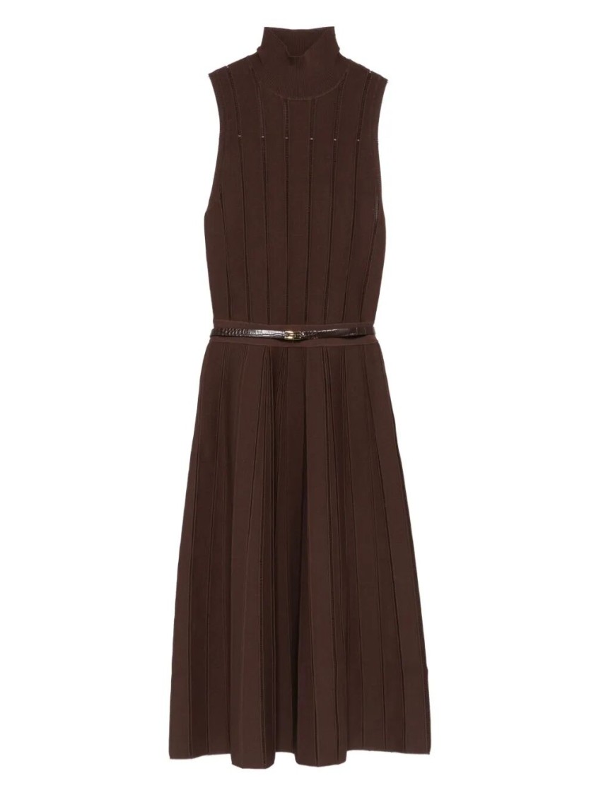 Elisabetta Franchi Ribbed Turtleneck Belted Maxi Dress In Brown