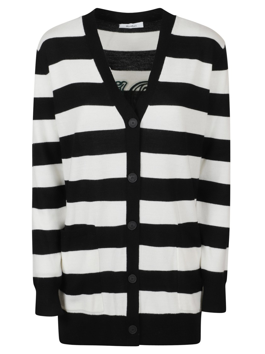 Max Mara Bold Black And White Striped V-neck Sweater With Button-down Front