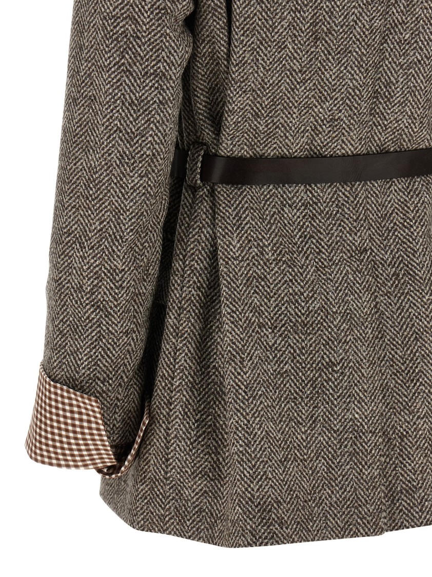 Brunello Cucinelli Tailored Houndstooth Blazer With Matching Waist Belt In Brown