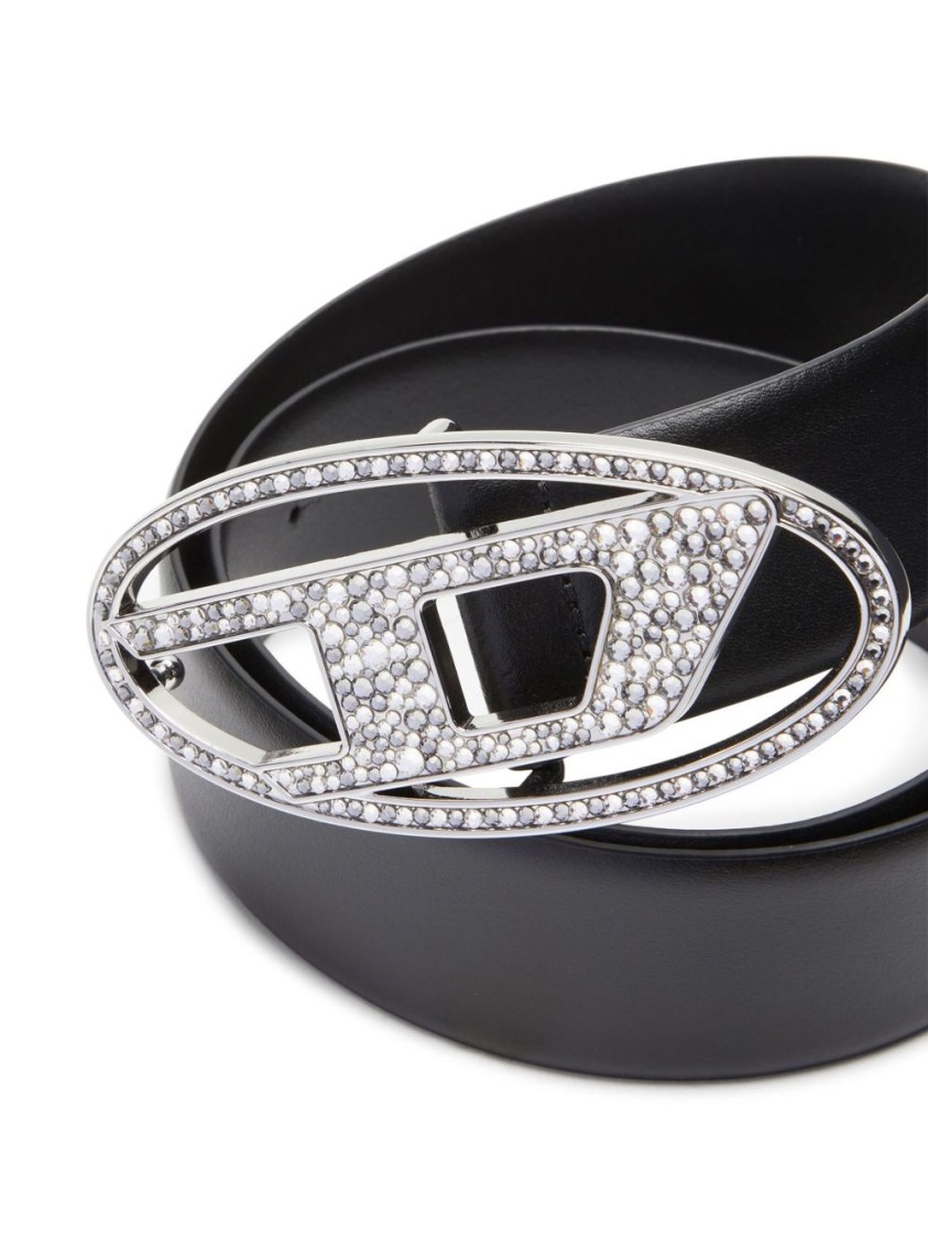 Diesel Oval Buckle Black Strap Belt With Sparkling Embellishments In Black