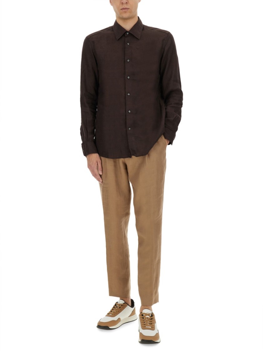 BOSS CAMEL BOSS CAMEL BROWN SLIM FIT LINEN SHIRT WITH BUTTON-DOWN FRONT